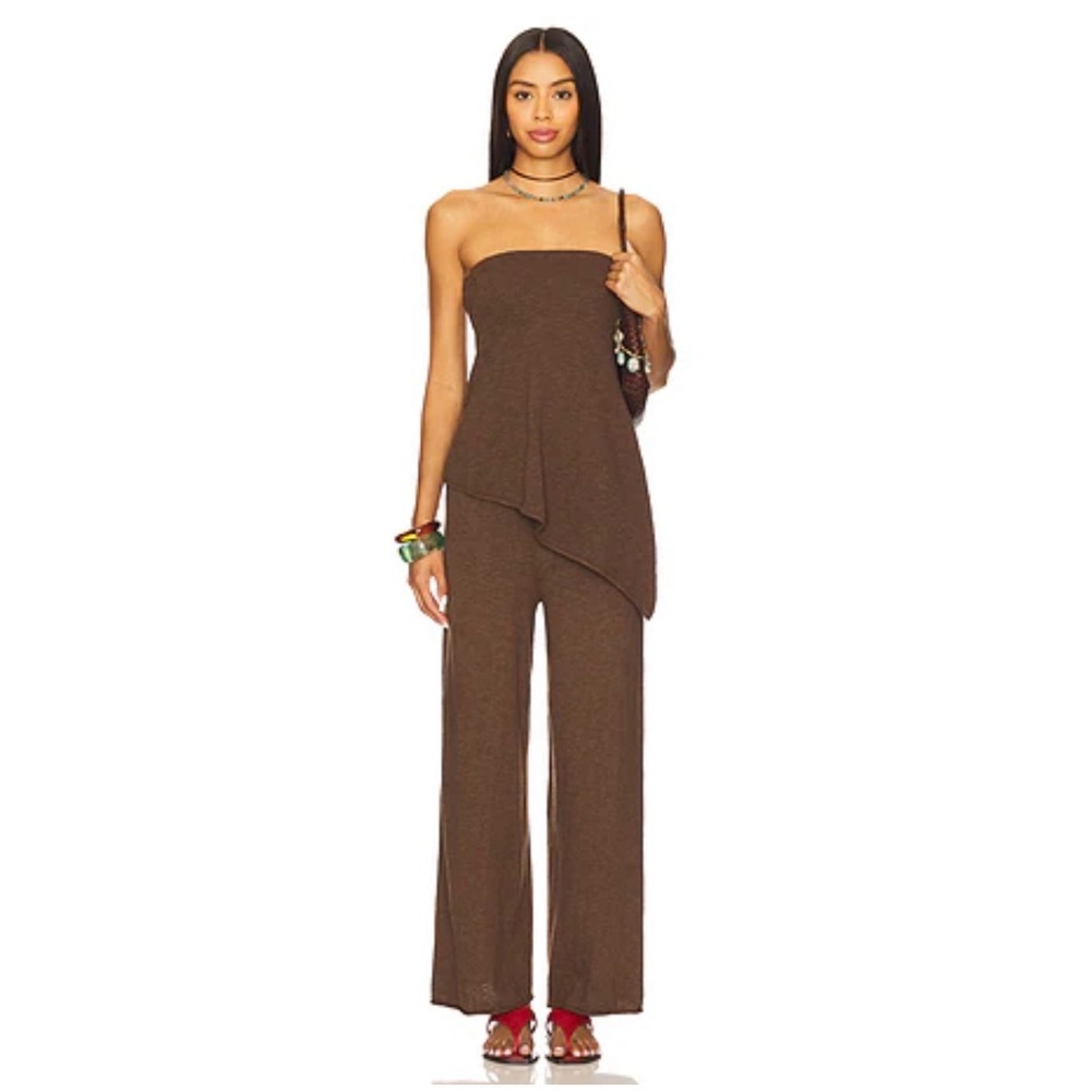 Free People Free-Est Brown Knit 2 Piece Set Asymmetrical Top Wide Leg Pants XL S